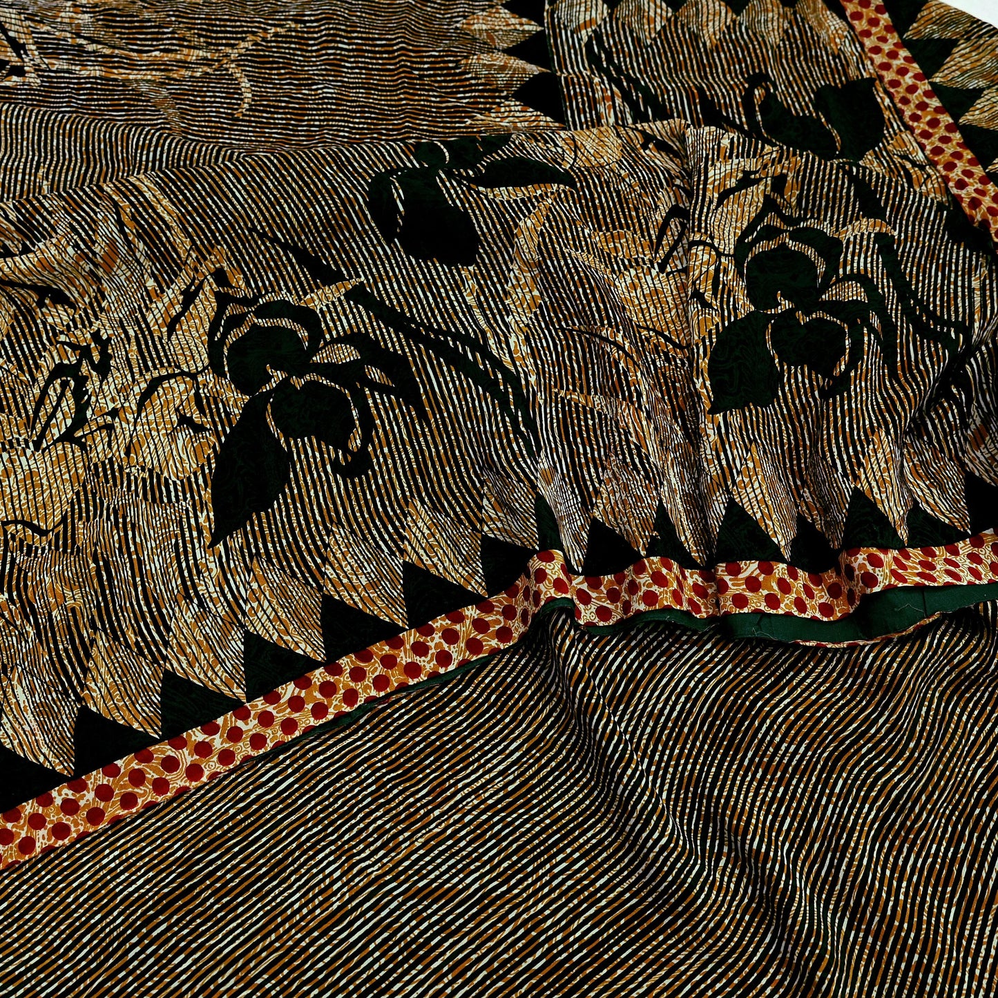 Indian Vintage Mustard Pure Crepe Silk Saree | Floral Print | 5 Yards | Soft Sewing Fabric for Dressmaking, Quilting, Crafting & Upcycling