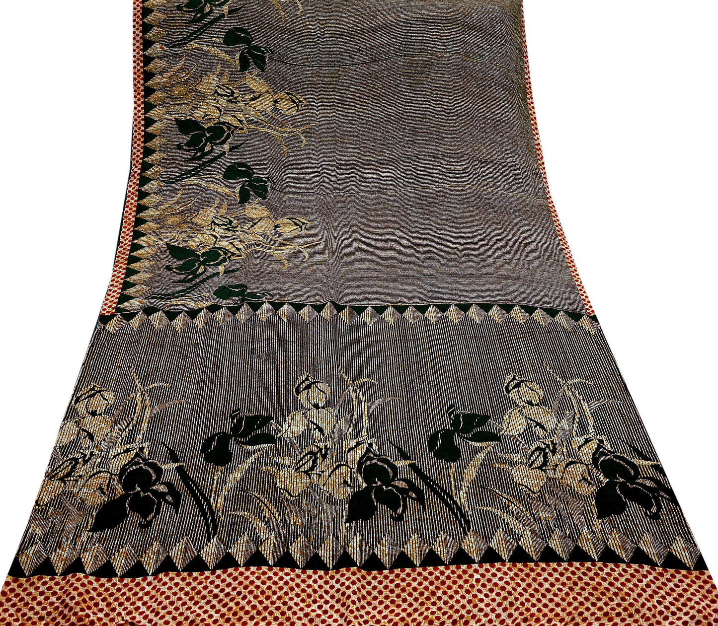 Indian Vintage Mustard Pure Crepe Silk Saree | Floral Print | 5 Yards | Soft Sewing Fabric for Dressmaking, Quilting, Crafting & Upcycling