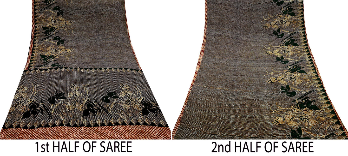 Indian Vintage Mustard Pure Crepe Silk Saree | Floral Print | 5 Yards | Soft Sewing Fabric for Dressmaking, Quilting, Crafting & Upcycling