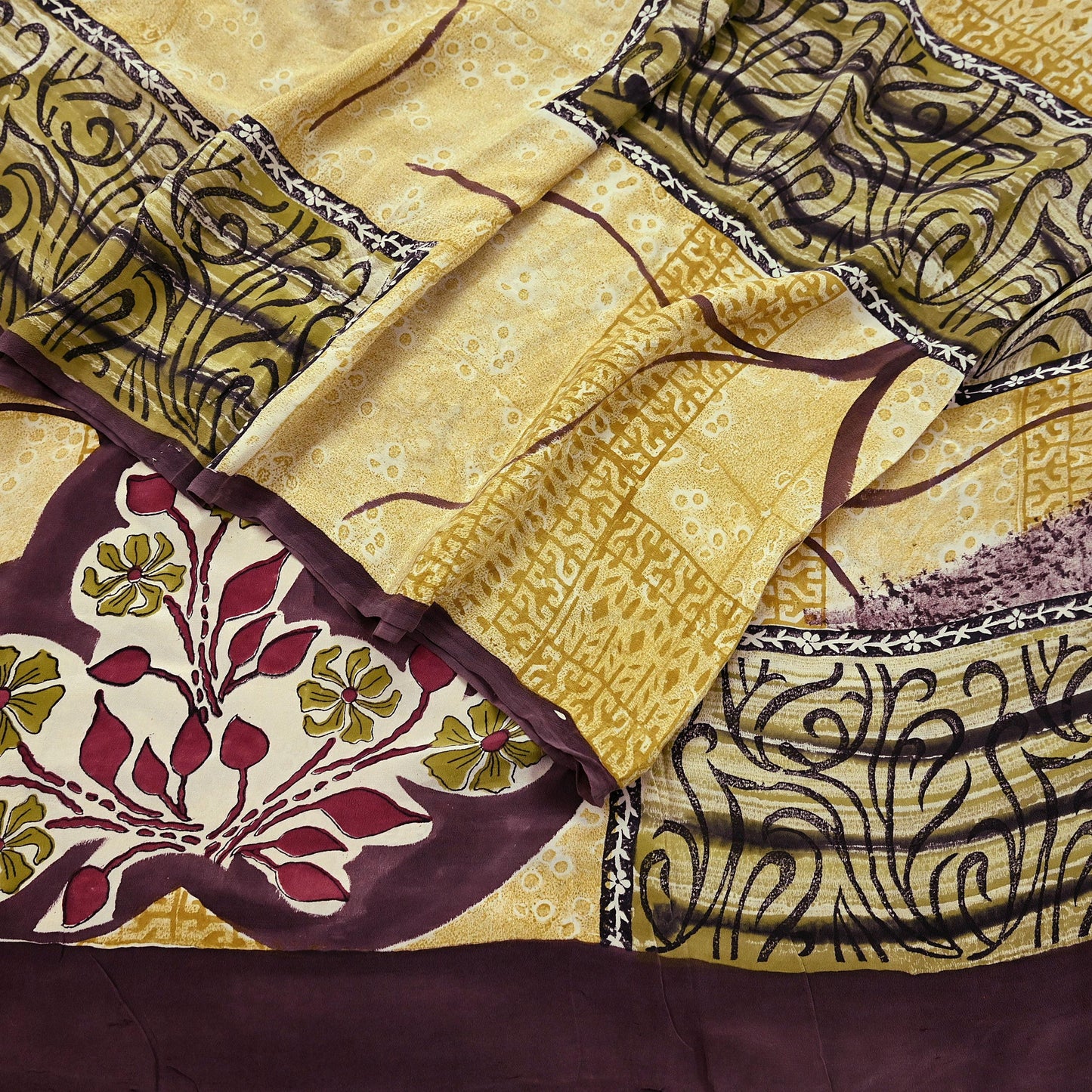 Indian Vintage Pure Crepe Silk Saree | Abstract Print | 6 Yards | Soft Sewing Fabric for Dressmaking, Quilting, Crafting & Upcycling