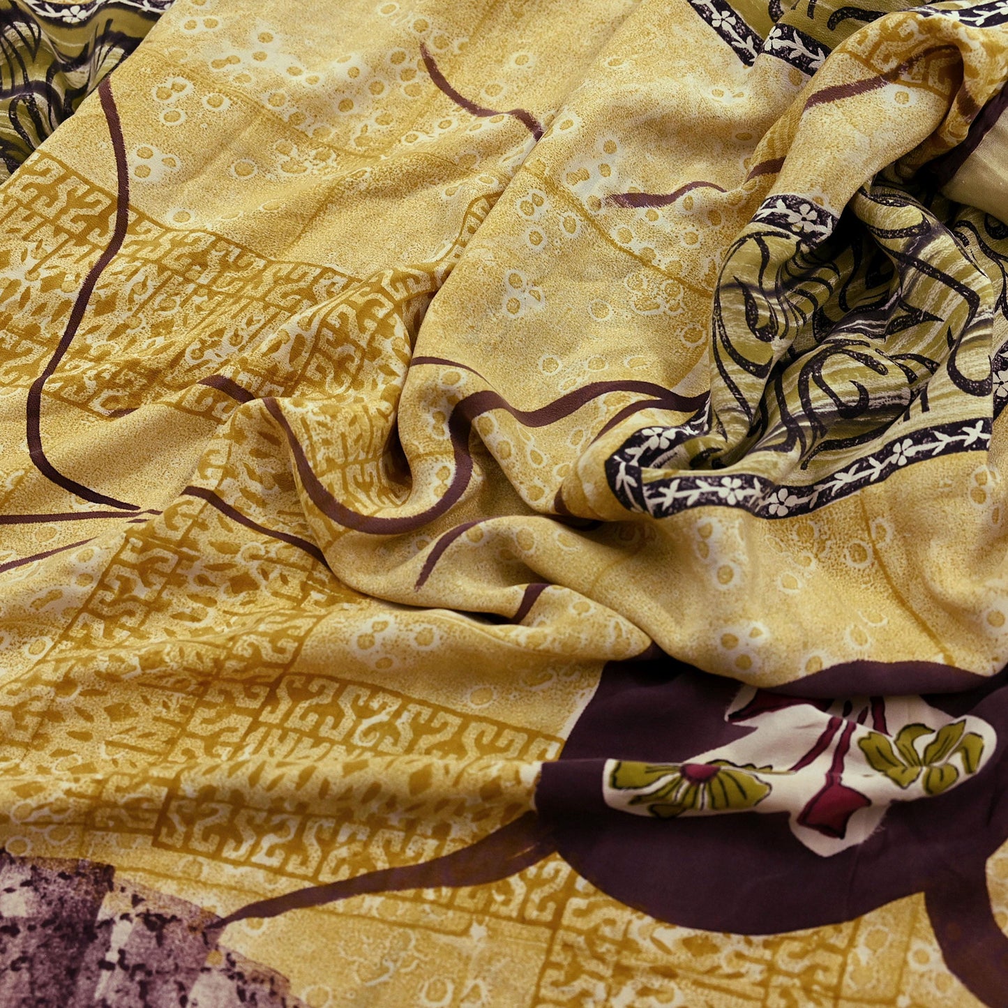 Indian Vintage Pure Crepe Silk Saree | Abstract Print | 6 Yards | Soft Sewing Fabric for Dressmaking, Quilting, Crafting & Upcycling