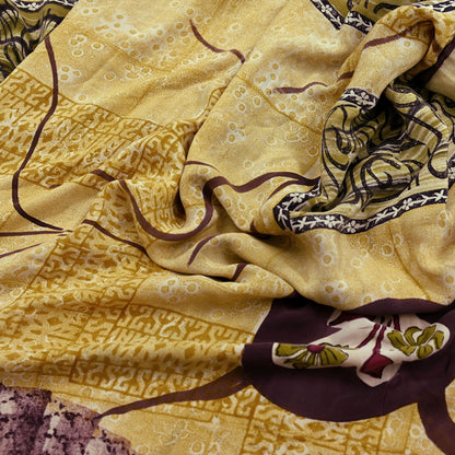 Indian Vintage Pure Crepe Silk Saree | Abstract Print | 6 Yards | Soft Sewing Fabric for Dressmaking, Quilting, Crafting & Upcycling