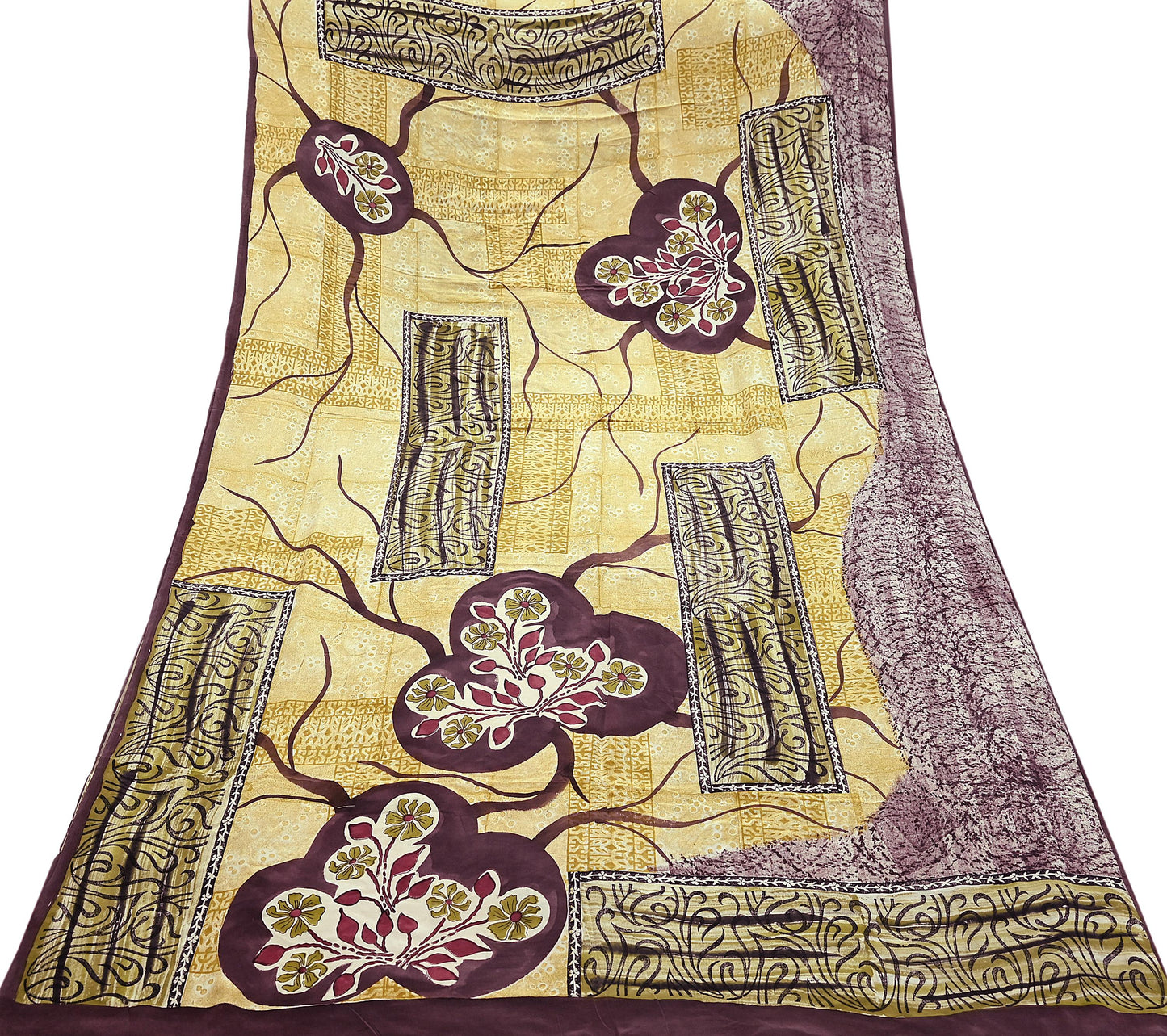 Indian Vintage Pure Crepe Silk Saree | Abstract Print | 6 Yards | Soft Sewing Fabric for Dressmaking, Quilting, Crafting & Upcycling