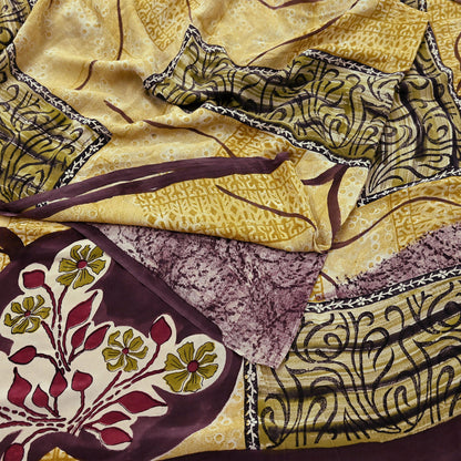 Indian Vintage Pure Crepe Silk Saree | Abstract Print | 6 Yards | Soft Sewing Fabric for Dressmaking, Quilting, Crafting & Upcycling