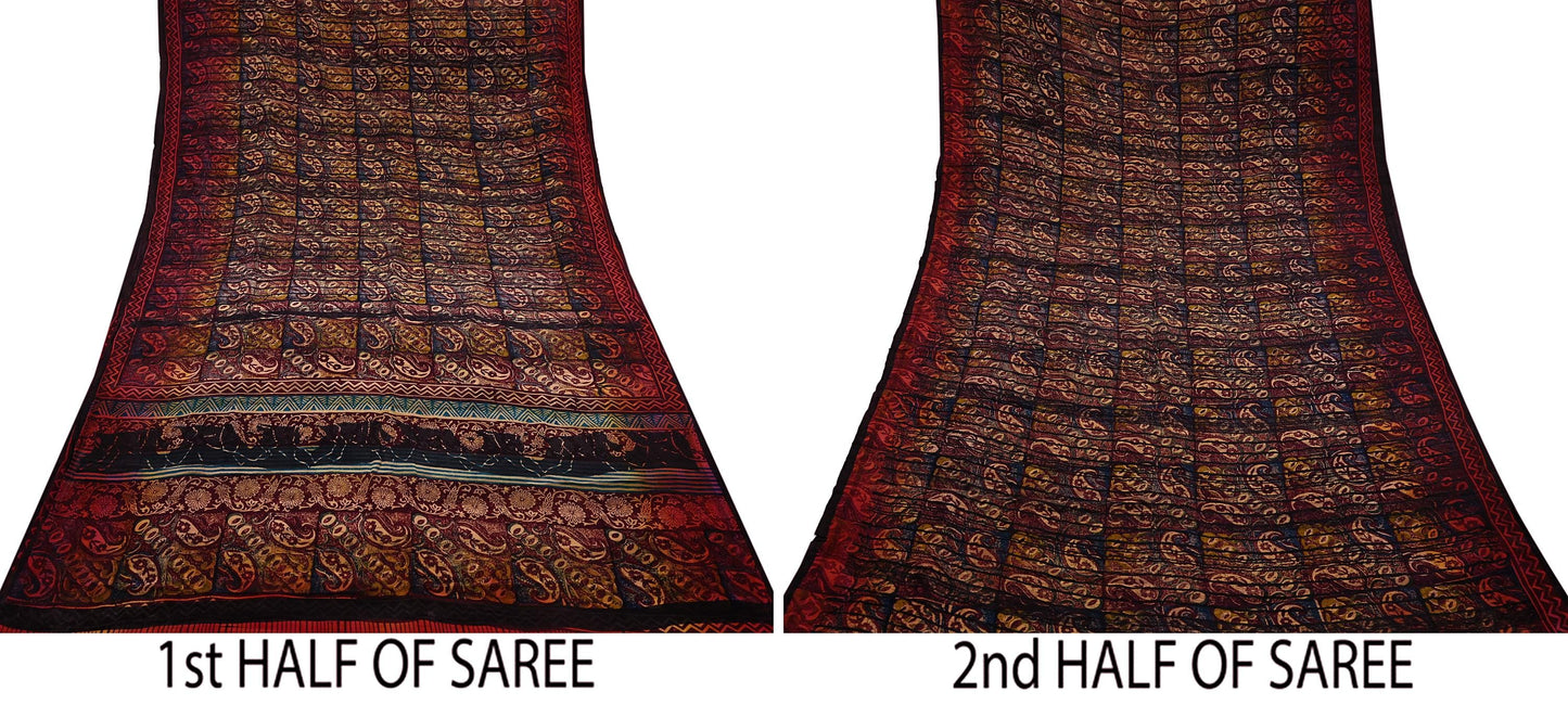 Indian Vintage Multi Pure Crepe Silk Saree | Floral Print | 5 Yards | Soft Sewing Fabric for Dressmaking, Quilting, Crafting & Upcycling