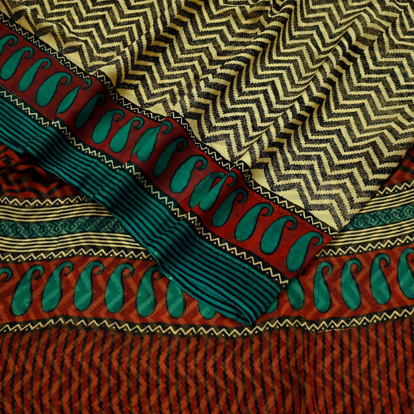 Indian Vintage Beige Pure Chiffon Silk Saree | Printed Zigzag Design | 5 Yards | Sheer Soft Fabric for Sewing, Dressmaking,