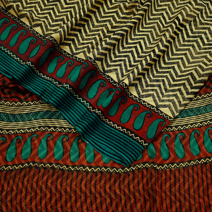 Indian Vintage Beige Pure Chiffon Silk Saree | Printed Zigzag Design | 5 Yards | Sheer Soft Fabric for Sewing, Dressmaking,