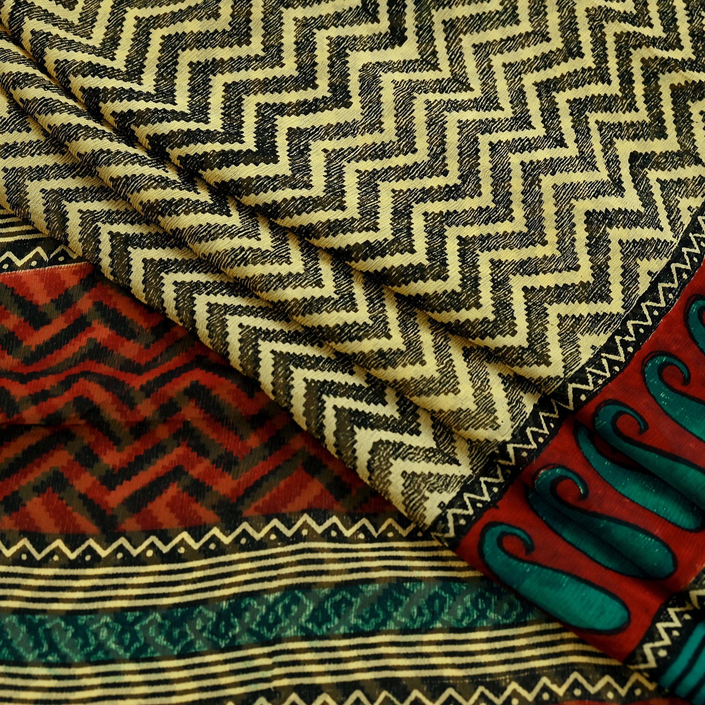 Indian Vintage Beige Pure Chiffon Silk Saree | Printed Zigzag Design | 5 Yards | Sheer Soft Fabric for Sewing, Dressmaking,