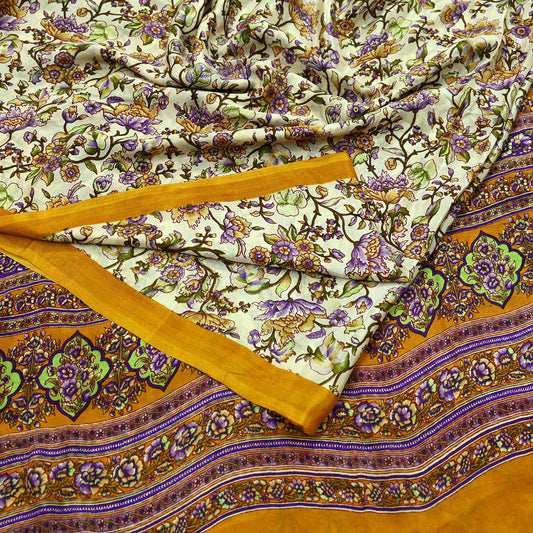 Indian Vintage Ivory & Saffron Pure Silk Saree | Floral Printed Fabric | 6 Yards | Craft Silk for Sewing, Quilting, Dressmaking, Upcycling