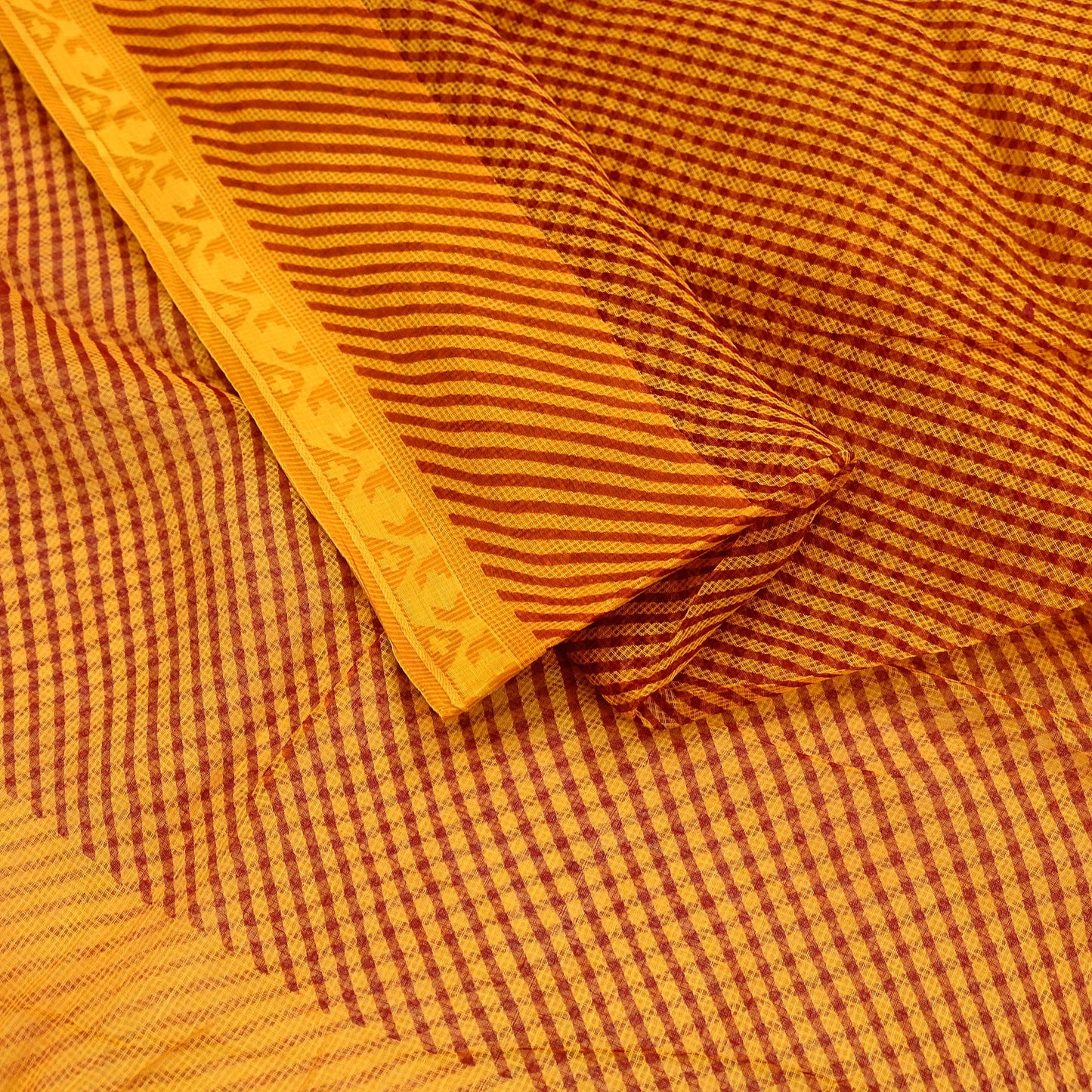 Indian Vintage Saffron Printed Pure Cotton Saree | 6 Yards | Fabric for Sewing, Crafting, Quilting, Upcycling, Dressmaking, Boho