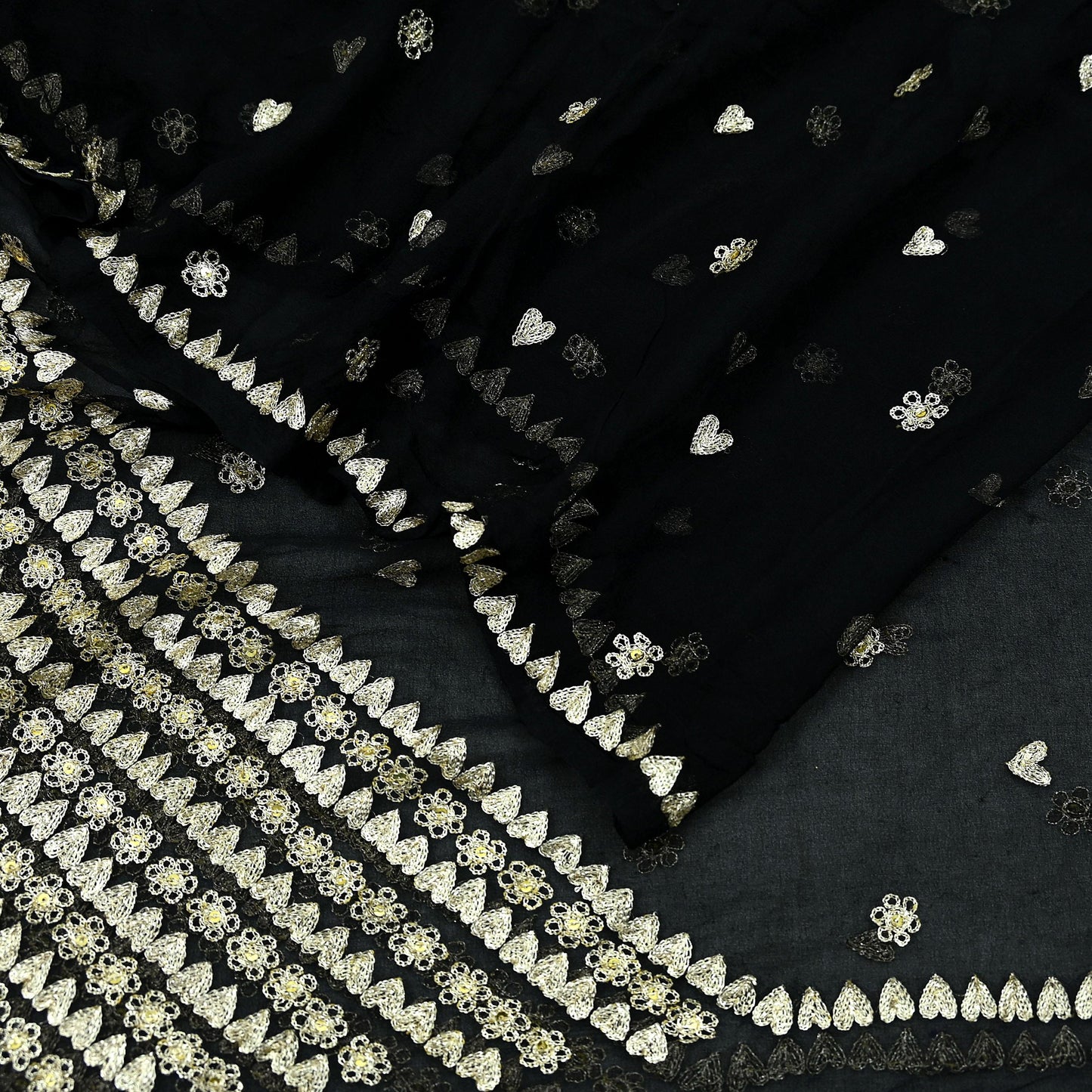 Indian Vintage Black Dupatta Pure Chiffon silk Long Stole Hand Embroidered Scarves Floral Design Stole Veil Wrap Zari