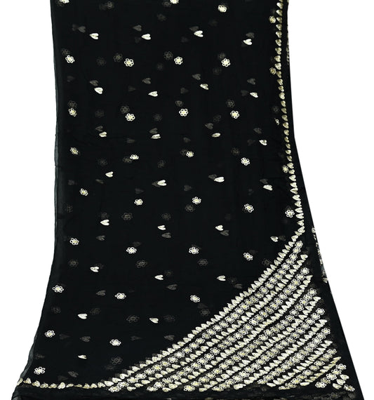 Indian Vintage Black Dupatta Pure Chiffon silk Long Stole Hand Embroidered Scarves Floral Design Stole Veil Wrap Zari