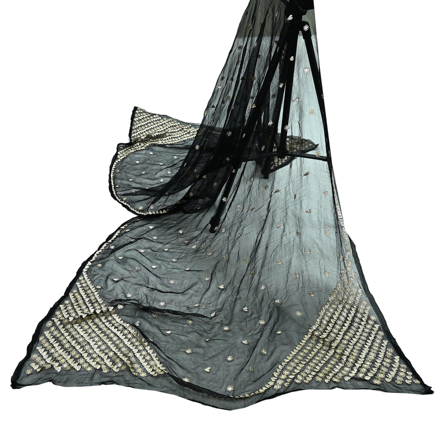 Indian Vintage Black Dupatta Pure Chiffon silk Long Stole Hand Embroidered Scarves Floral Design Stole Veil Wrap Zari