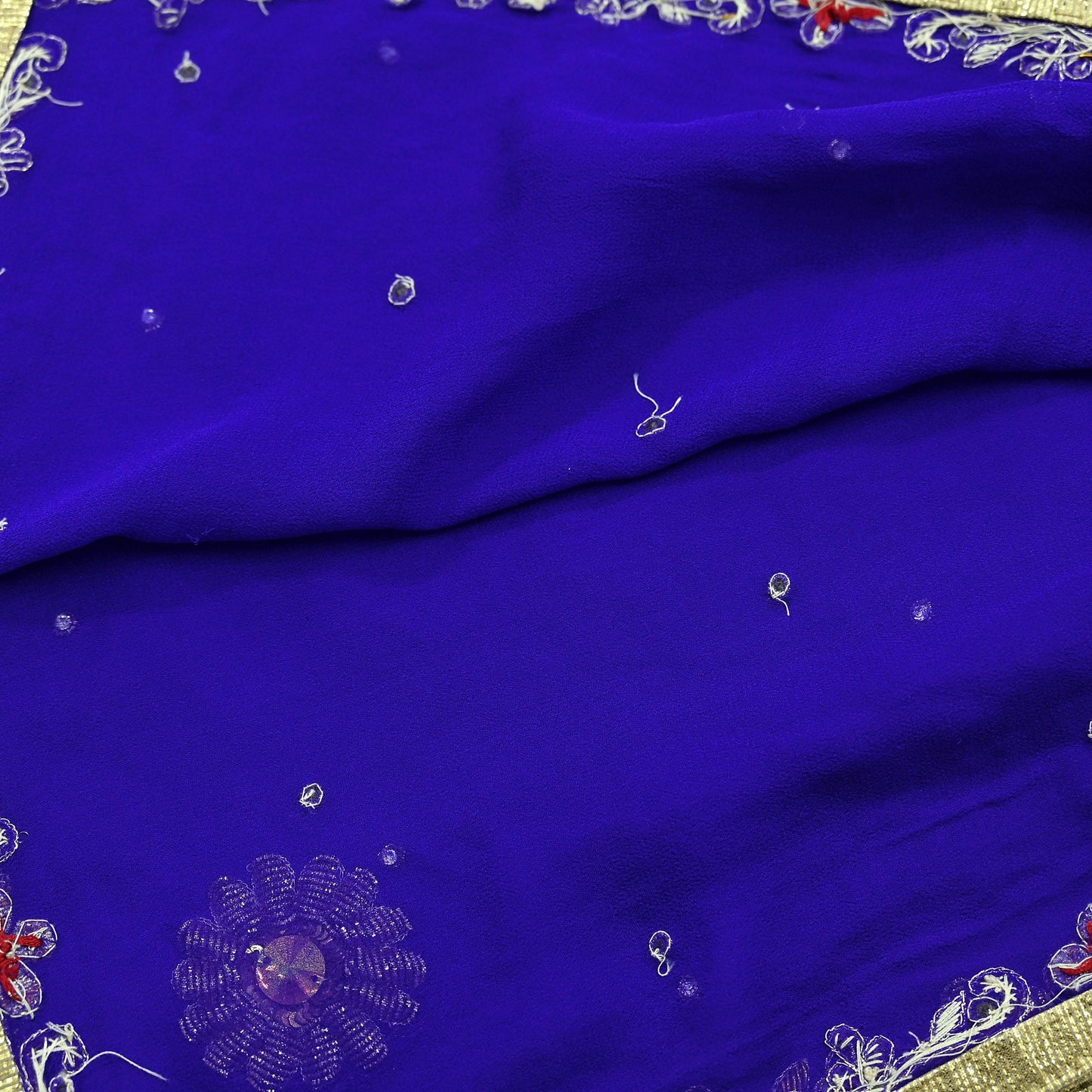 Indian Vintage Dupatta Purple Long Stole Pure Georgette Silk Hand Embroidered Scarves Veil Hijab Floral Zari Dabka Zardozi