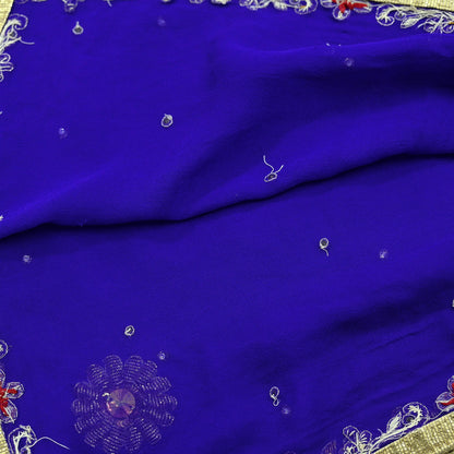 Indian Vintage Dupatta Purple Long Stole Pure Georgette Silk Hand Embroidered Scarves Veil Hijab Floral Zari Dabka Zardozi