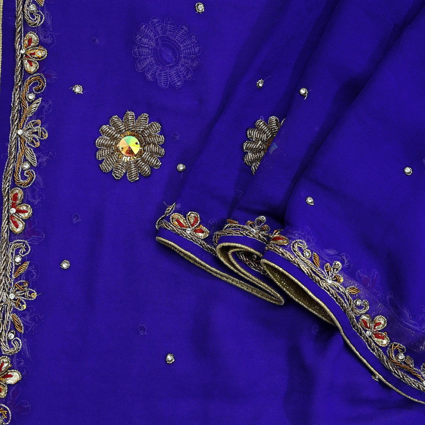 Indian Vintage Dupatta Purple Long Stole Pure Georgette Silk Hand Embroidered Scarves Veil Hijab Floral Zari Dabka Zardozi