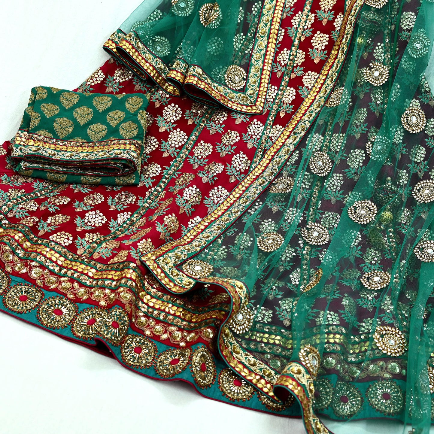 Indian Heavy Wedding Green & Maroon Pure Georgette Silk Hand Embroidered Fish Cut Lehenga 3pcs Set Designer By Anamika Khanna Party Wear