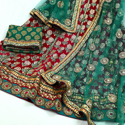 Indian Heavy Wedding Green & Maroon Pure Georgette Silk Hand Embroidered Fish Cut Lehenga 3pcs Set Designer By Anamika Khanna Party Wear