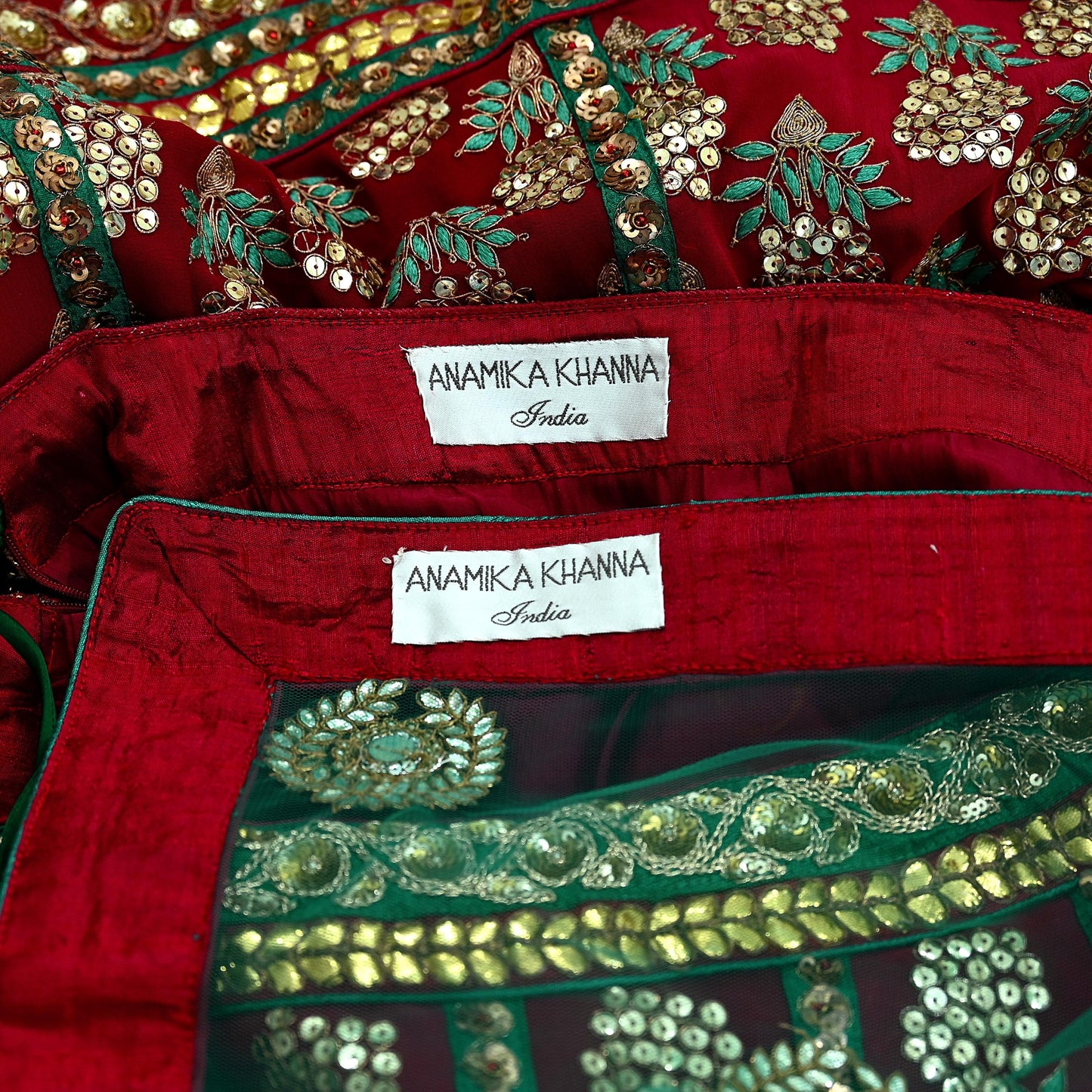 Indian Heavy Wedding Green & Maroon Pure Georgette Silk Hand Embroidered Fish Cut Lehenga 3pcs Set Designer By Anamika Khanna Party Wear