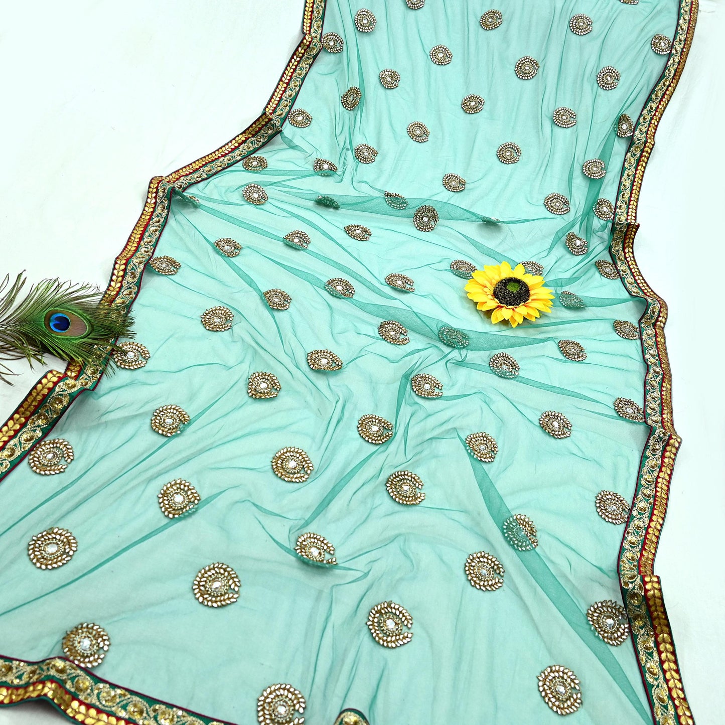 Indian Vintage Heavy Wedding Green Net/Mesh Hand Embroidered Dupatta Designer By Anamika Khanna Bridal Wear Zardozi Veil Hijab