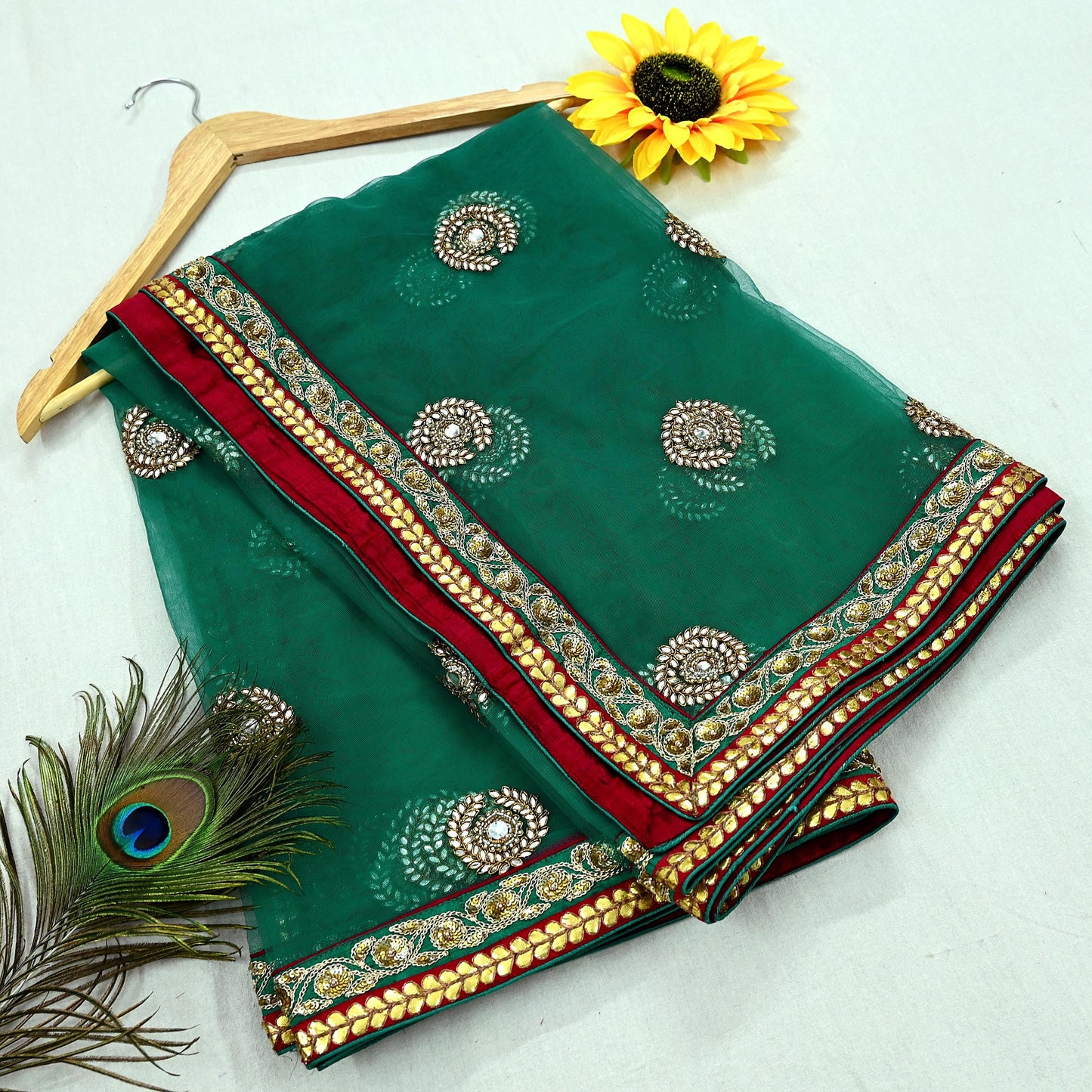 Indian Vintage Heavy Wedding Green Net/Mesh Hand Embroidered Dupatta Designer By Anamika Khanna Bridal Wear Zardozi Veil Hijab