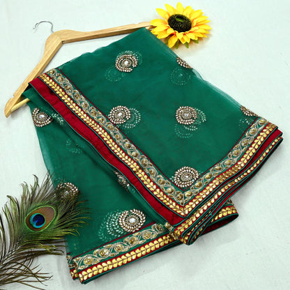 Indian Vintage Heavy Wedding Green Net/Mesh Hand Embroidered Dupatta Designer By Anamika Khanna Bridal Wear Zardozi Veil Hijab