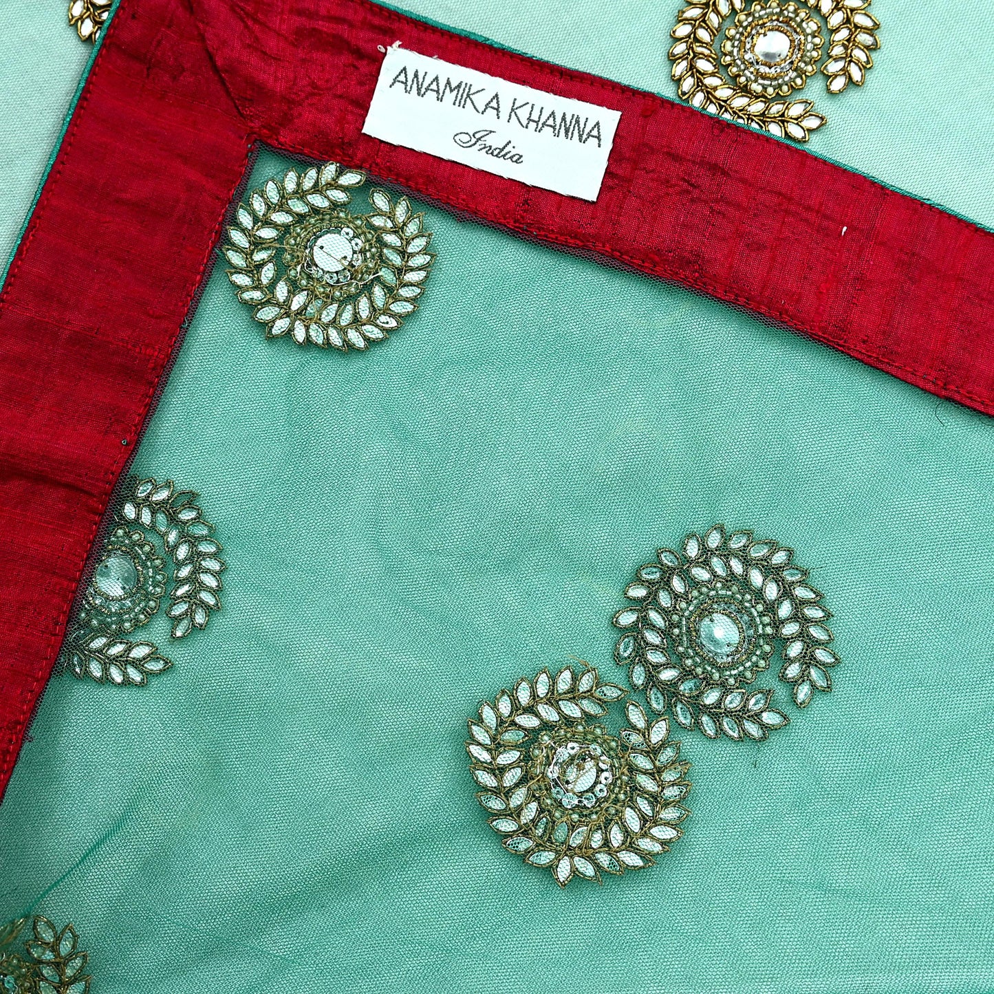 Indian Vintage Heavy Wedding Green Net/Mesh Hand Embroidered Dupatta Designer By Anamika Khanna Bridal Wear Zardozi Veil Hijab