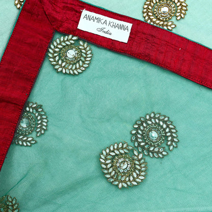 Indian Vintage Heavy Wedding Green Net/Mesh Hand Embroidered Dupatta Designer By Anamika Khanna Bridal Wear Zardozi Veil Hijab