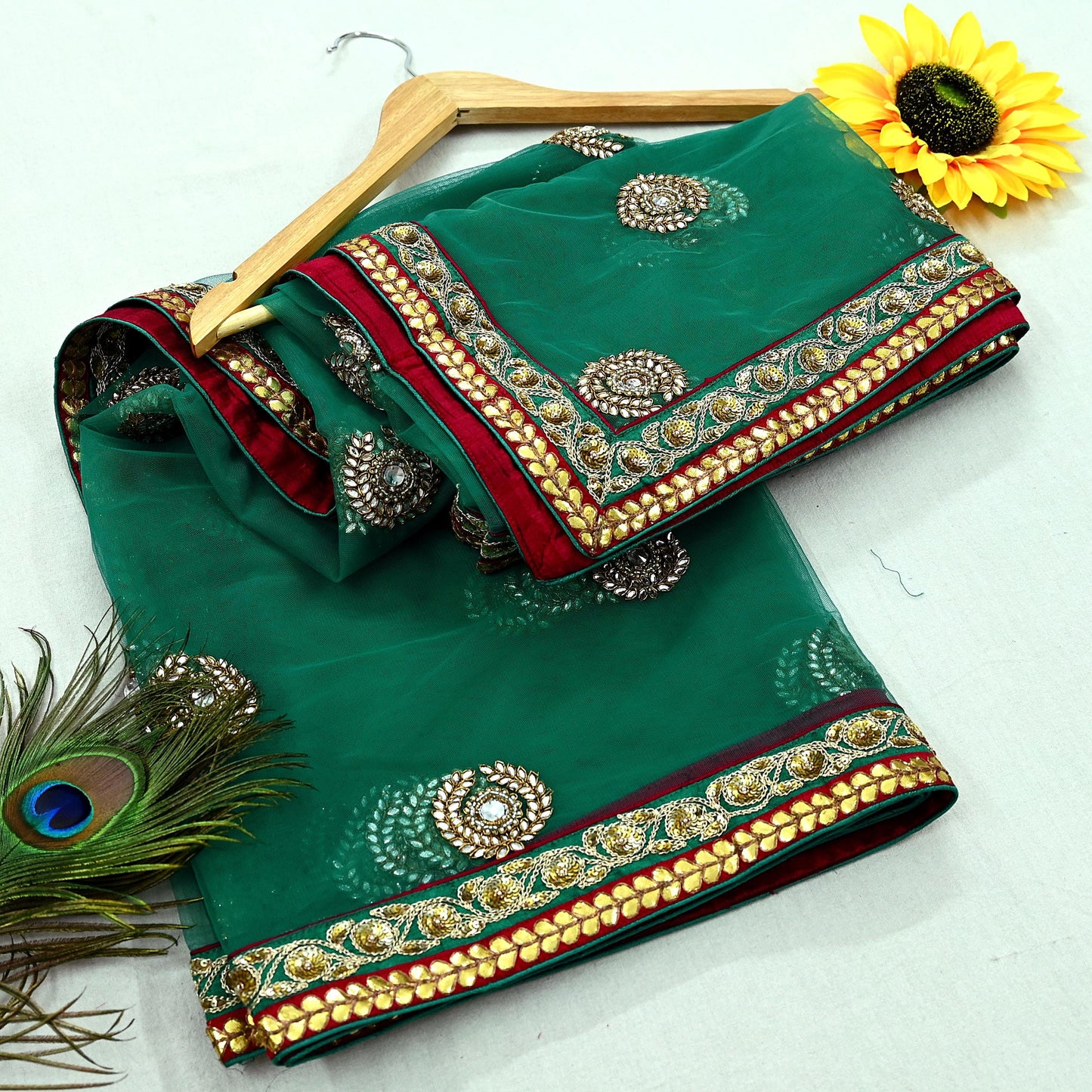 Indian Vintage Heavy Wedding Green Net/Mesh Hand Embroidered Dupatta Designer By Anamika Khanna Bridal Wear Zardozi Veil Hijab
