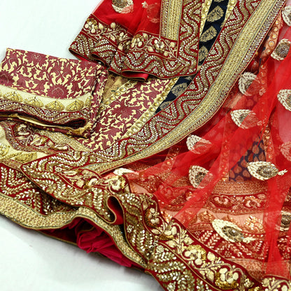 Indian New Heavy Multi Colored Pure Silk/Net Hand Embroidered Lehenga 3pcs Set By Designer Sabyasachi Bridal Wear With Blouse Fabric