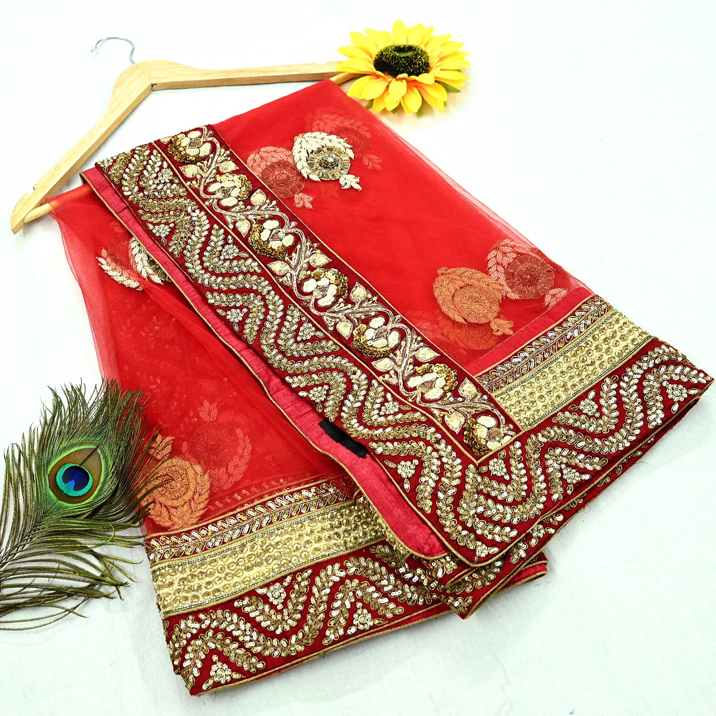 Indian Vintage Heavy Wedding Dupatta Red Net Long Stole Hand Embroidered By Designer Sabyasachi Scarves Zardozi Bridal Veil