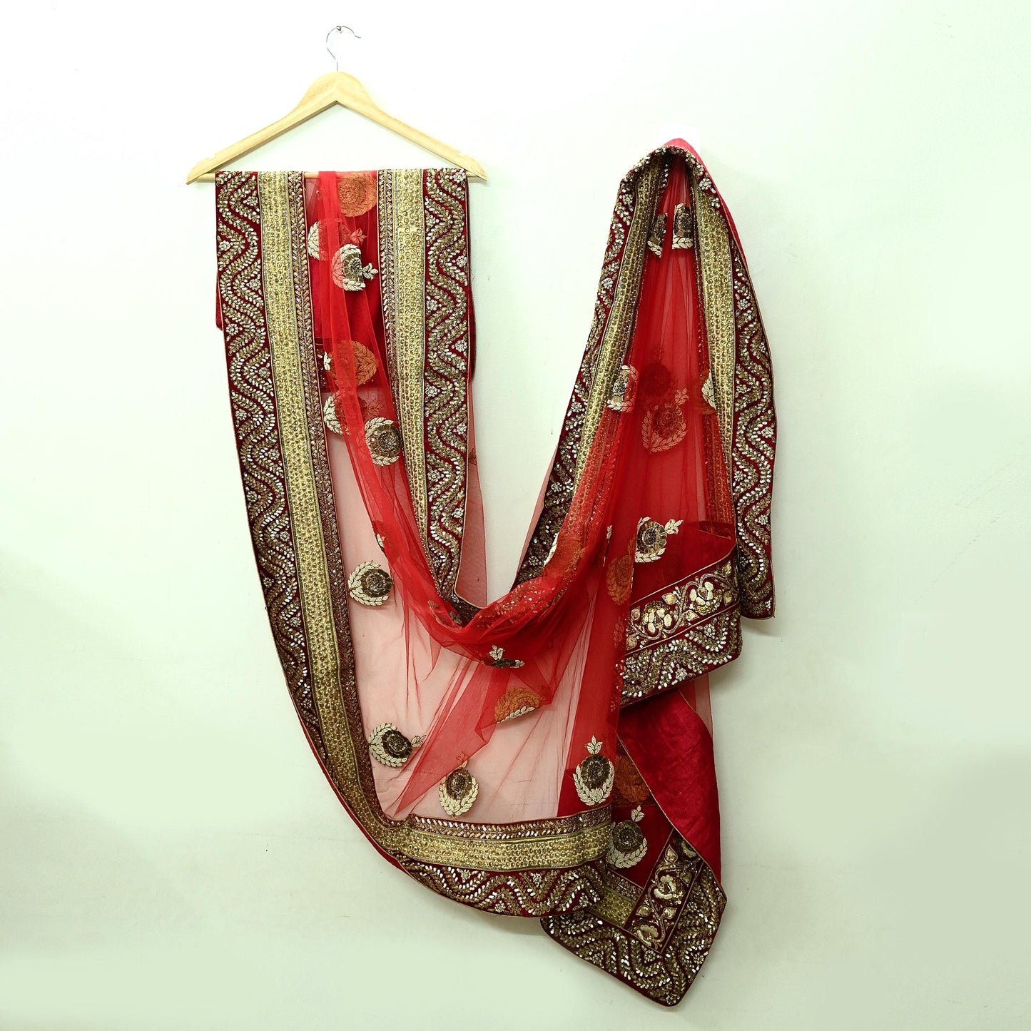 Indian Vintage Heavy Wedding Dupatta Red Net Long Stole Hand Embroidered By Designer Sabyasachi Scarves Zardozi Bridal Veil