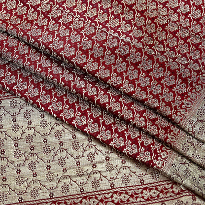 Vintage Banarasi Saree Pure Satin Silk Woven Brocade Zari Fabric Maroon Heavy Craft Sari 5 Yards Indian Antique Textile Dress Making