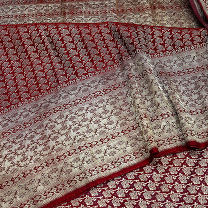 Vintage Banarasi Saree Pure Satin Silk Woven Brocade Zari Fabric Maroon Heavy Craft Sari 5 Yards Indian Antique Textile Dress Making