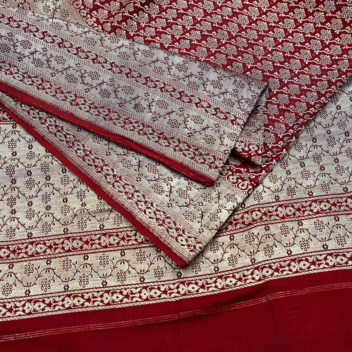 Vintage Banarasi Saree Pure Satin Silk Woven Brocade Zari Fabric Maroon Heavy Craft Sari 5 Yards Indian Antique Textile Dress Making