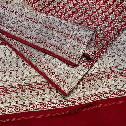 Vintage Banarasi Saree Pure Satin Silk Woven Brocade Zari Fabric Maroon Heavy Craft Sari 5 Yards Indian Antique Textile Dress Making