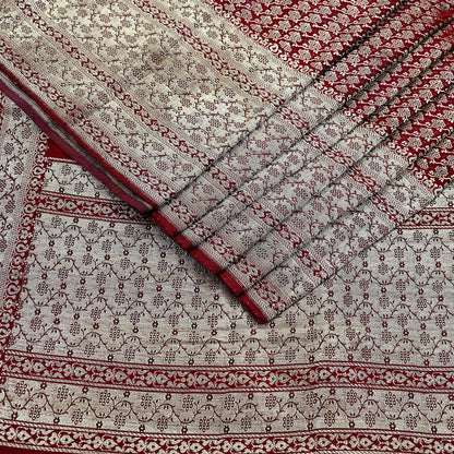 Vintage Banarasi Saree Pure Satin Silk Woven Brocade Zari Fabric Maroon Heavy Craft Sari 5 Yards Indian Antique Textile Dress Making
