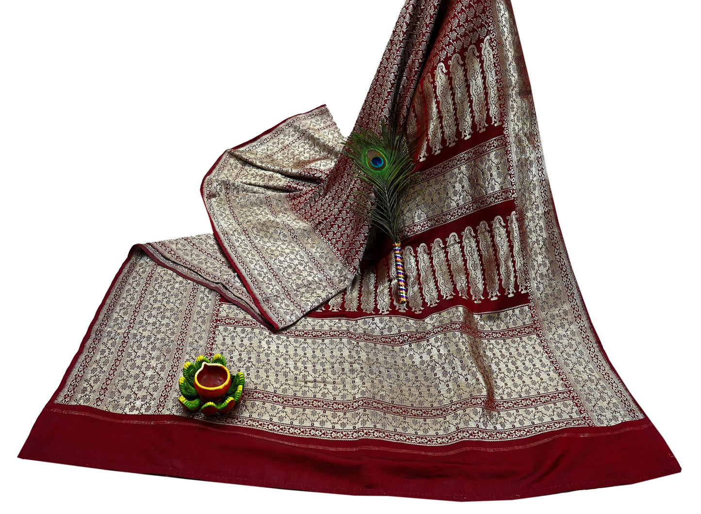 Vintage Banarasi Saree Pure Satin Silk Woven Brocade Zari Fabric Maroon Heavy Craft Sari 5 Yards Indian Antique Textile Dress Making