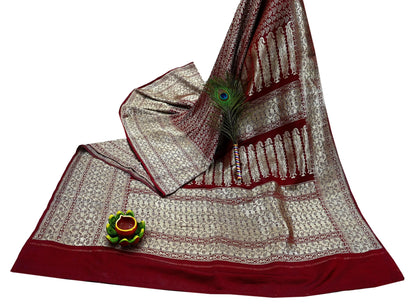 Vintage Banarasi Saree Pure Satin Silk Woven Brocade Zari Fabric Maroon Heavy Craft Sari 5 Yards Indian Antique Textile Dress Making