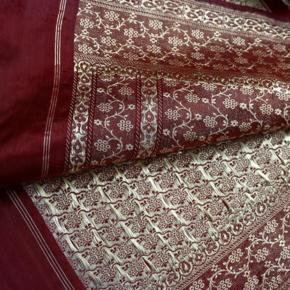Vintage Banarasi Saree Pure Satin Silk Woven Brocade Zari Fabric Maroon Heavy Craft Sari 5 Yards Indian Antique Textile Dress Making