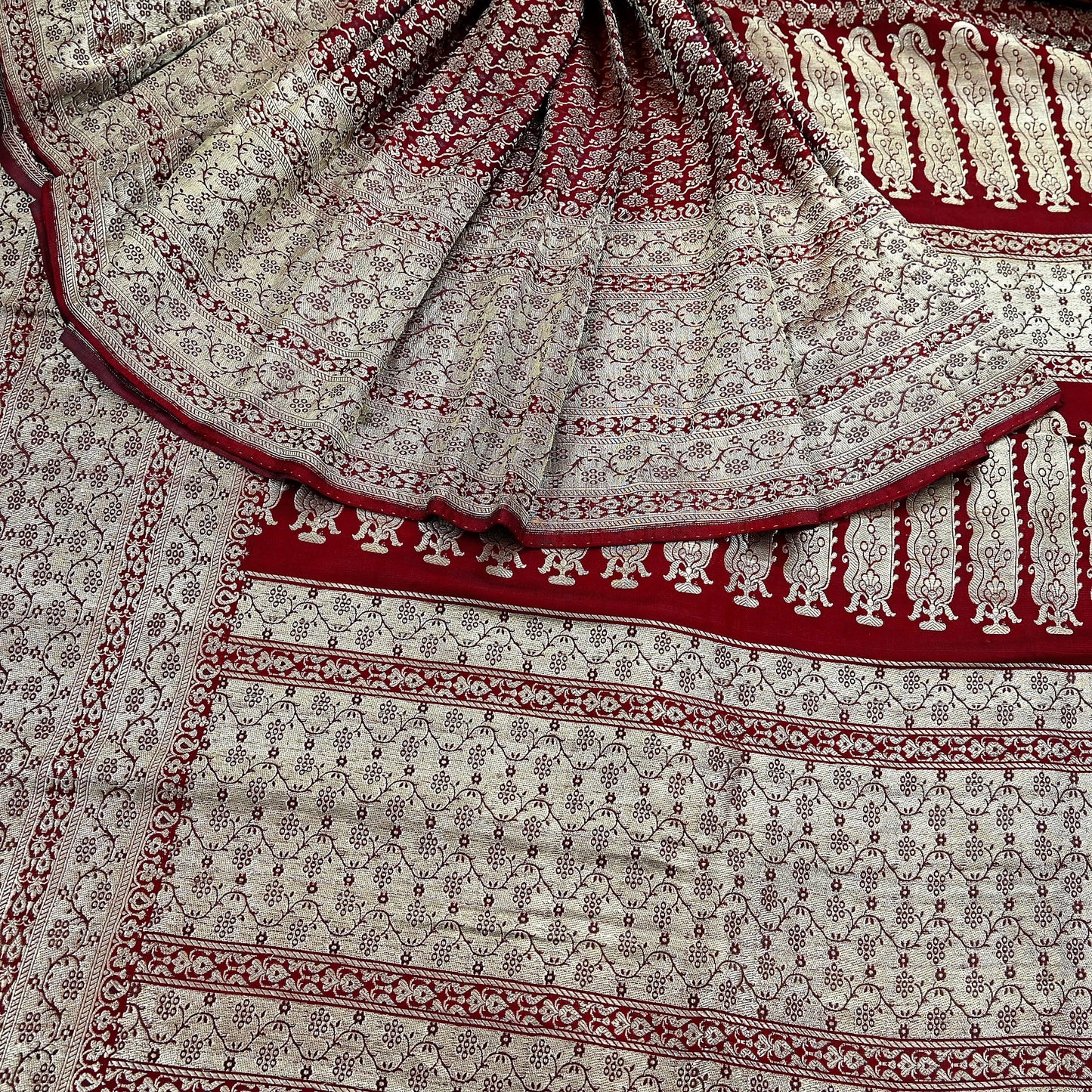 Vintage Banarasi Saree Pure Satin Silk Woven Brocade Zari Fabric Maroon Heavy Craft Sari 5 Yards Indian Antique Textile Dress Making