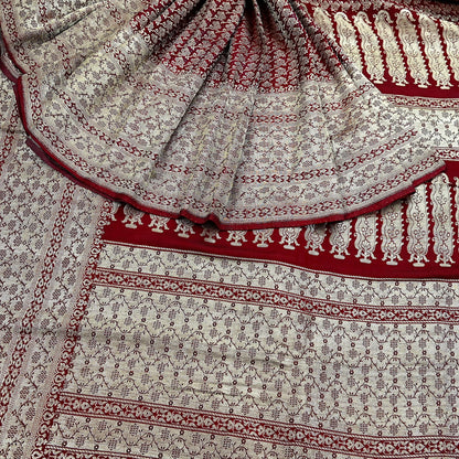 Vintage Banarasi Saree Pure Satin Silk Woven Brocade Zari Fabric Maroon Heavy Craft Sari 5 Yards Indian Antique Textile Dress Making