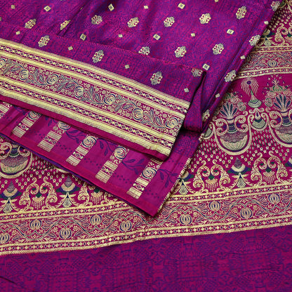 Indian Vintage Purple Banarasi Brocade Saree | Heavy Wedding Sari in Pure Satin Silk | Woven Zari Fabric for Crafting, Dressmaking