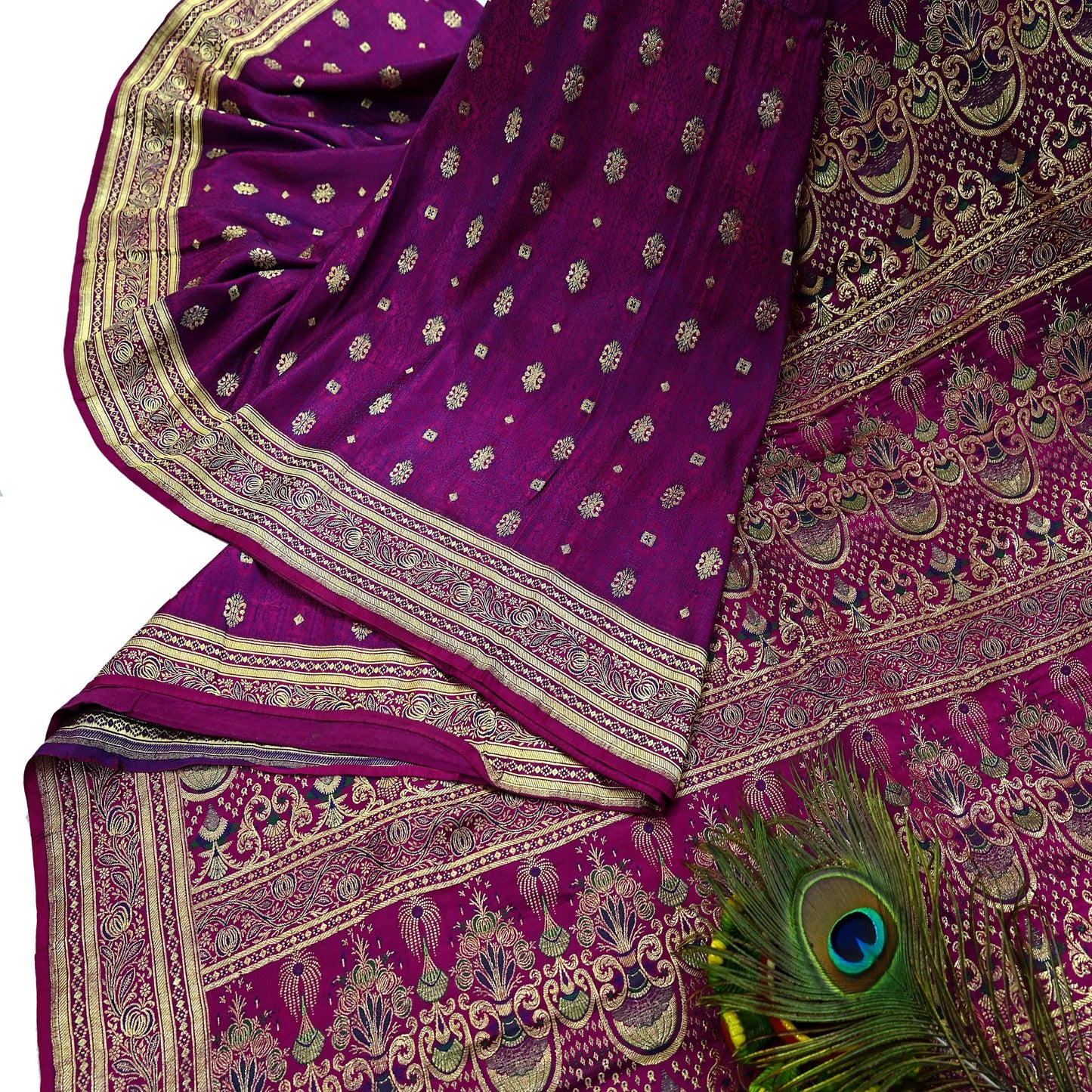 Indian Vintage Purple Banarasi Brocade Saree | Heavy Wedding Sari in Pure Satin Silk | Woven Zari Fabric for Crafting, Dressmaking