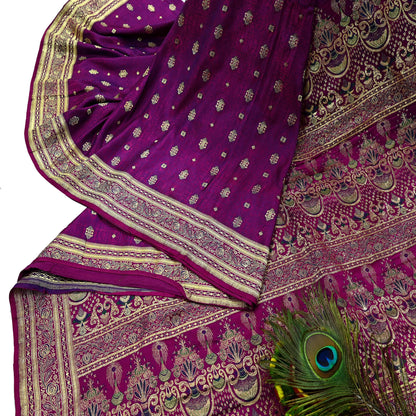 Indian Vintage Purple Banarasi Brocade Saree | Heavy Wedding Sari in Pure Satin Silk | Woven Zari Fabric for Crafting, Dressmaking