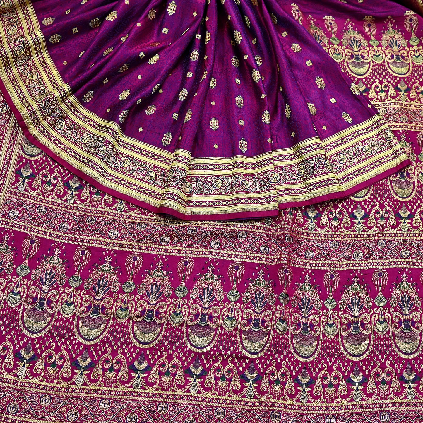 Indian Vintage Purple Banarasi Brocade Saree | Heavy Wedding Sari in Pure Satin Silk | Woven Zari Fabric for Crafting, Dressmaking