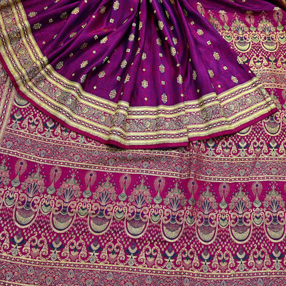 Indian Vintage Purple Banarasi Brocade Saree | Heavy Wedding Sari in Pure Satin Silk | Woven Zari Fabric for Crafting, Dressmaking