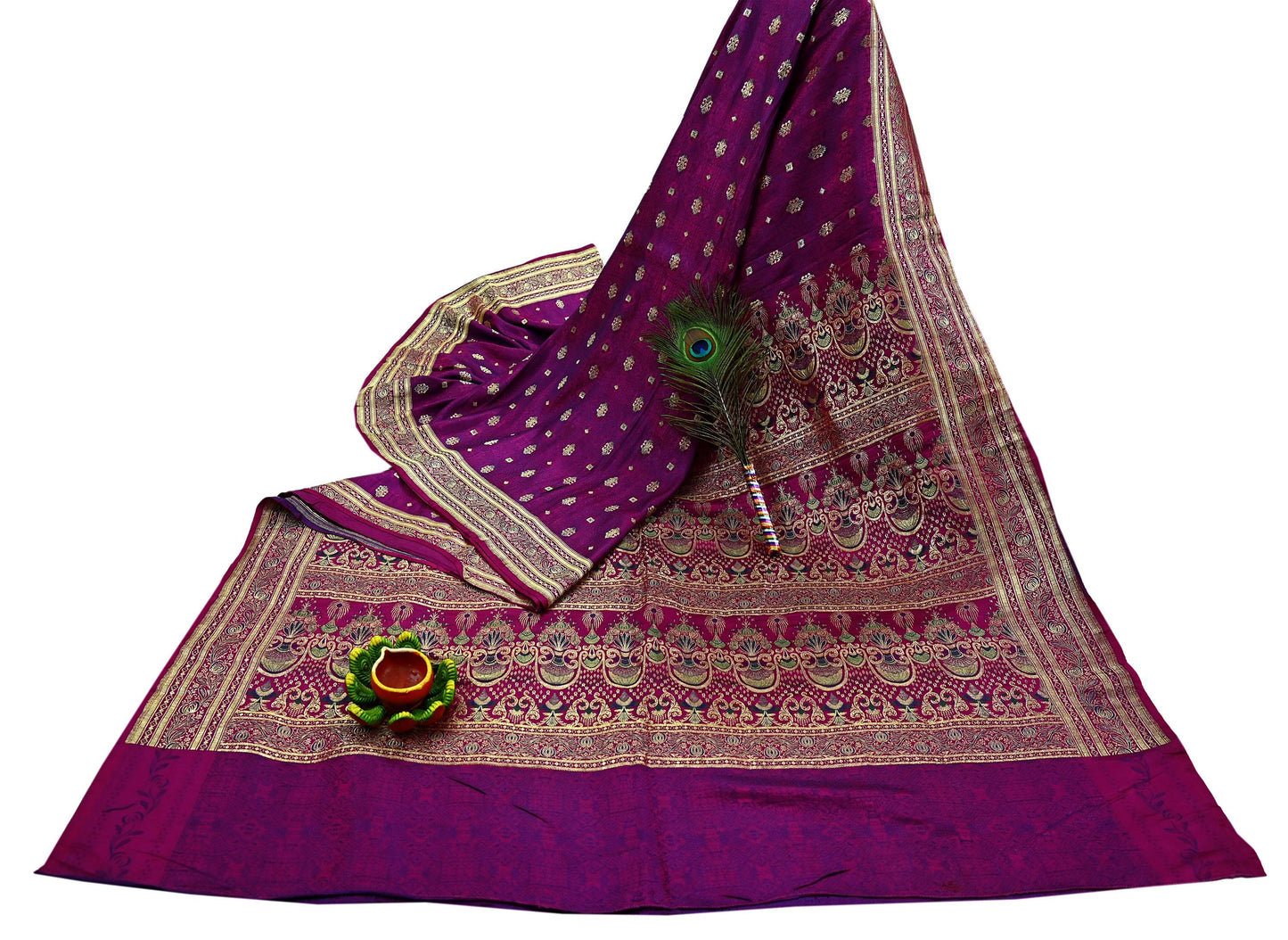 Indian Vintage Purple Banarasi Brocade Saree | Heavy Wedding Sari in Pure Satin Silk | Woven Zari Fabric for Crafting, Dressmaking