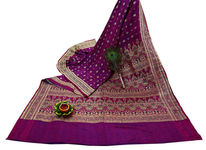 Indian Vintage Purple Banarasi Brocade Saree | Heavy Wedding Sari in Pure Satin Silk | Woven Zari Fabric for Crafting, Dressmaking