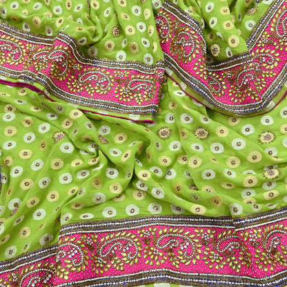 Indian Vintage Heavy Green Bridal Dupatta | Pure Georgette Silk | Hand Embroidered Zardozi, Dabka, Zari Work | Party Wear Long Stole